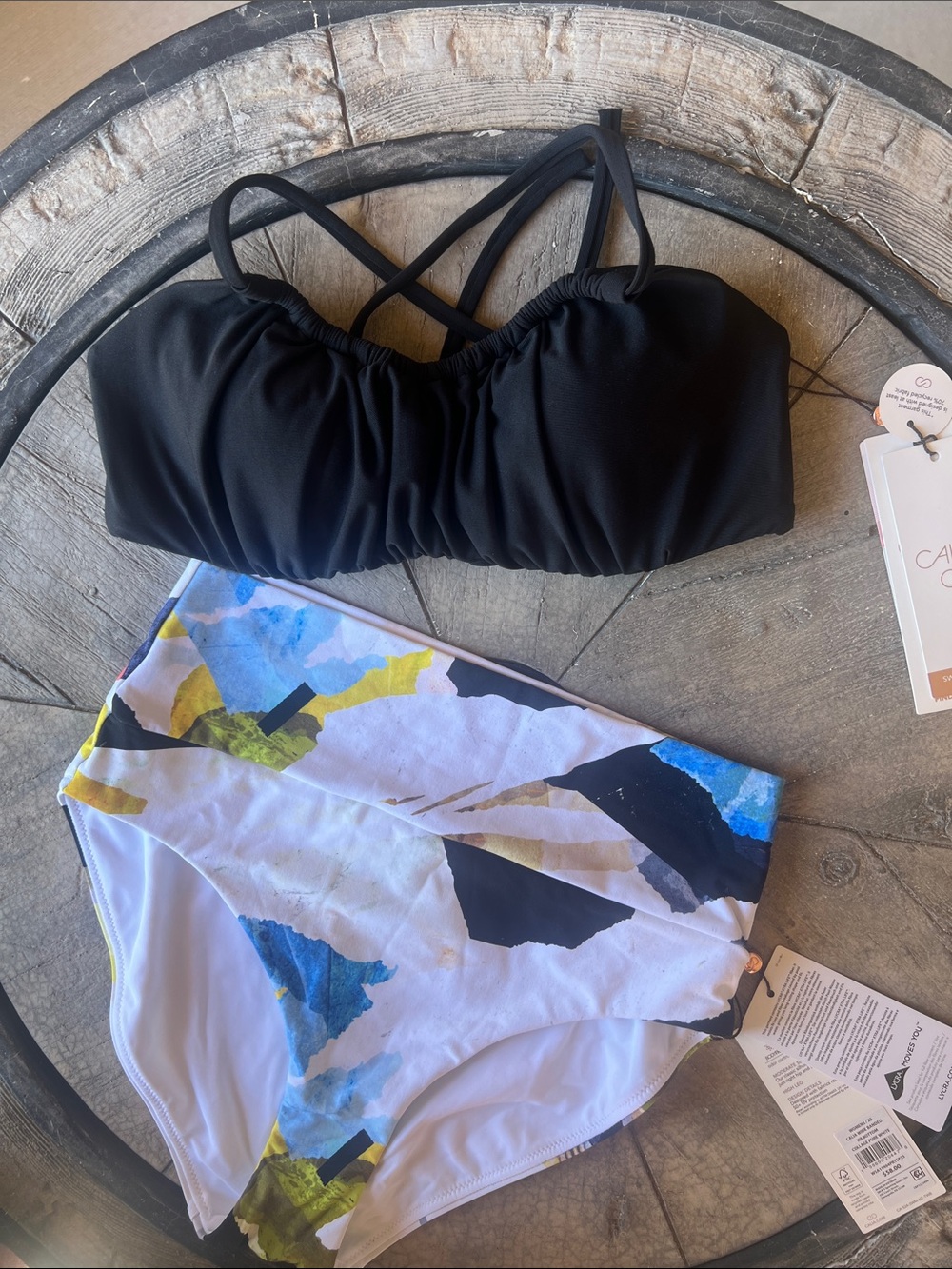 Black Bandeau Swim Top with Multicolor High-Waist Bikini Bottom